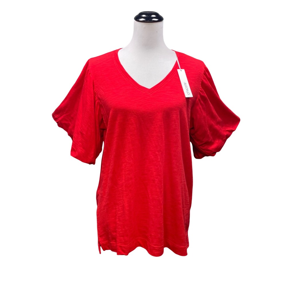 Chicos Cotton Slub Flutter Sleeve V-Neck Tee Women 2/US L Red NWT Flame Scarlet